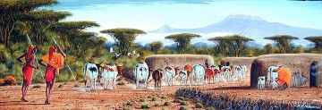 Ganado Vaca Toro Painting - Ndeveni Maasai Moran y vacas en Manyatta Huge